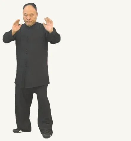 弓步左挒：① 起，站定、步型、重心落位